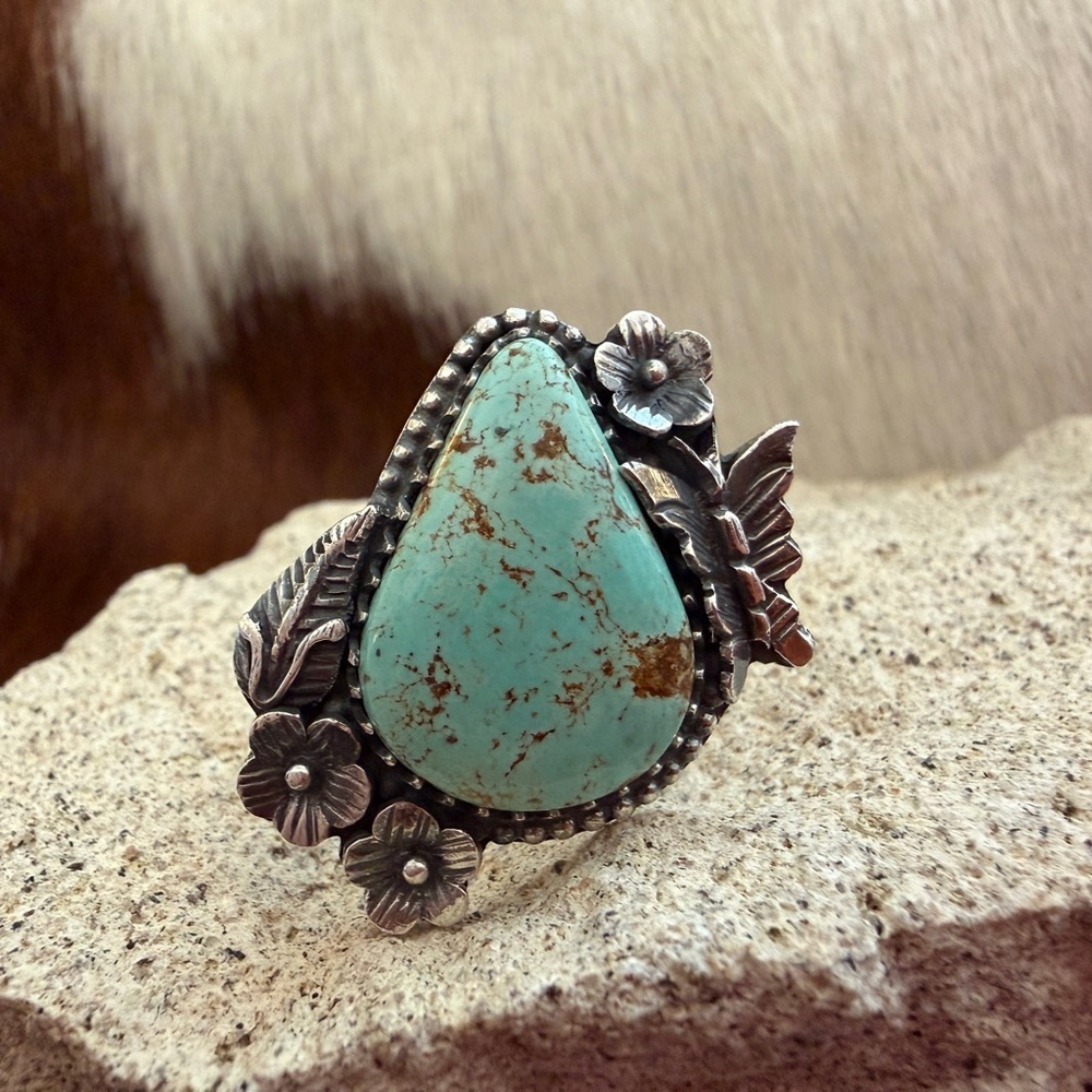❤️ Kingman Turquoise Statement Decorative Butterfly Floral Sterling Sz 8.75 Ring